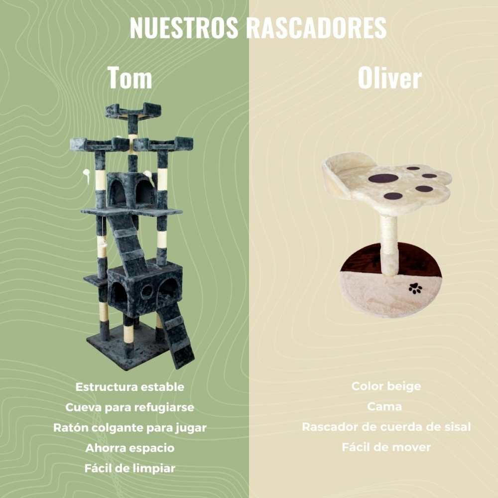 La imagen muestra dos rascadores para gatos. Uno es alto, gris y de varios niveles. El otro es beige con una parte superior en forma de pata.