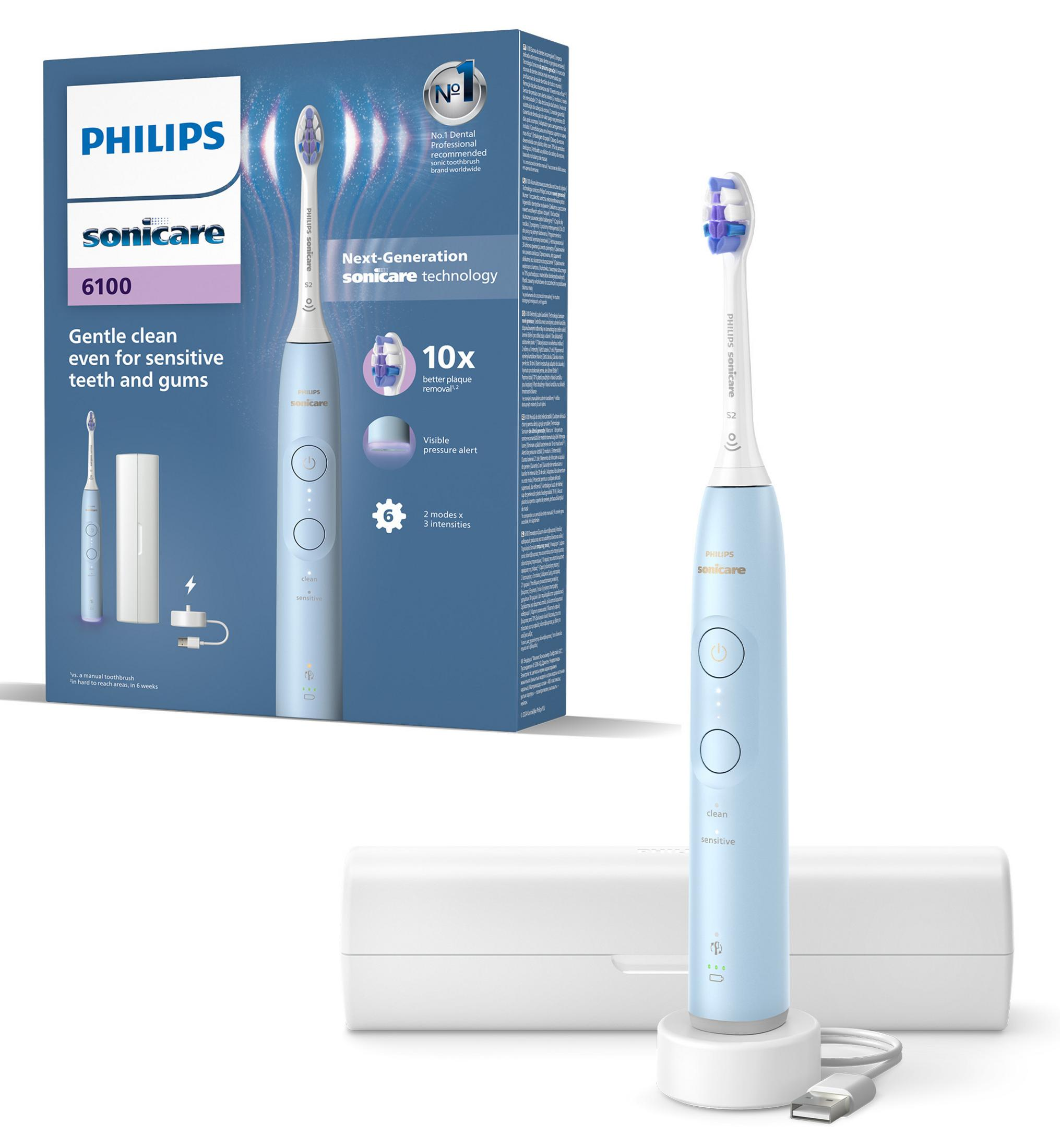 Eine Philips Sonicare elektrische Zahnbürste mit Ladegerät und Reiseetui. Blaues Farbschema.