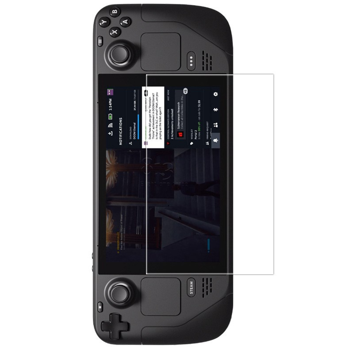Un dispositivo di gioco portatile che mostra un'interfaccia di gioco, con notifiche e dettagli del gioco sullo schermo.