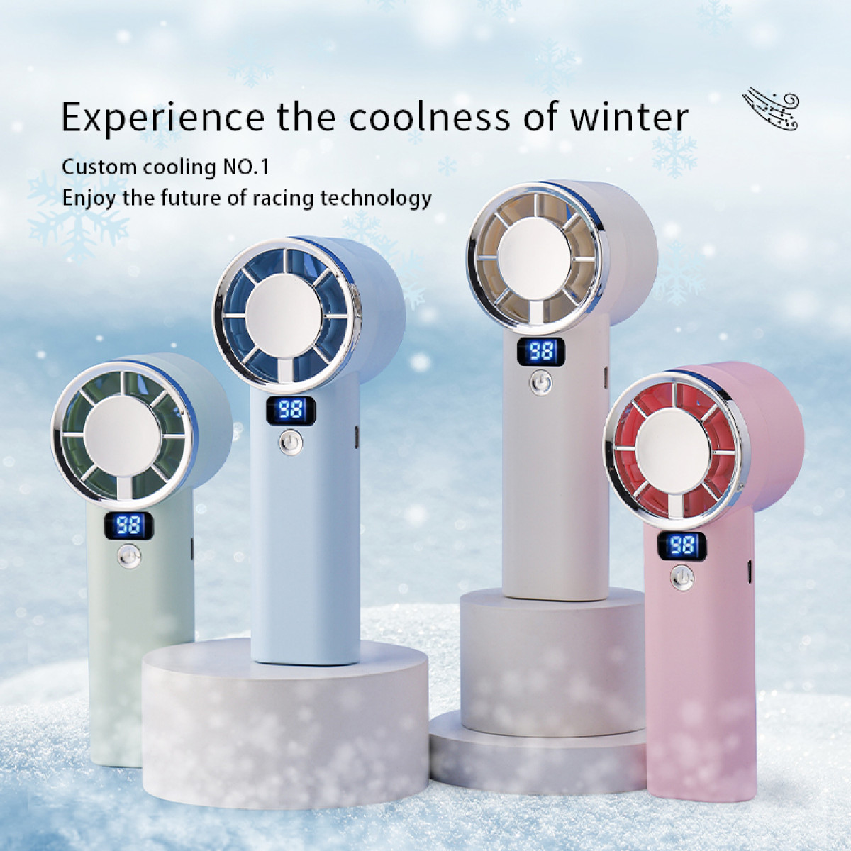 Wyświetlane są cztery kolorowe wentylatory ręczne. Każdy ma cyfrowy wyświetlacz z '98'. Tło to śnieżny niebieski gradient.