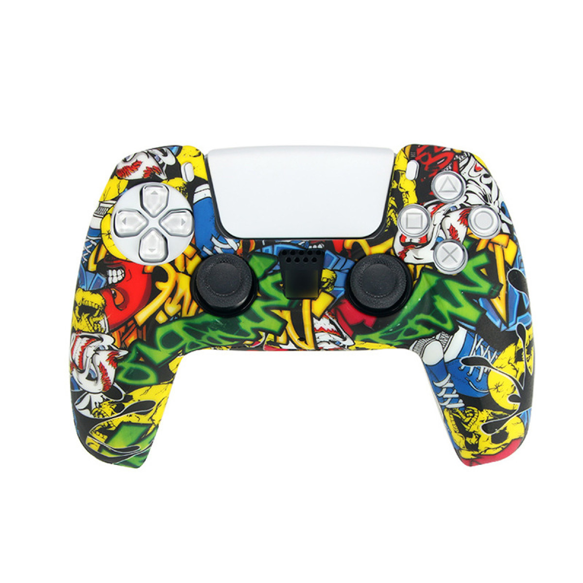 Un controller PlayStation 5 colorato in stile graffiti. Ha una sezione centrale bianca, joystick neri e vari pulsanti di azione.