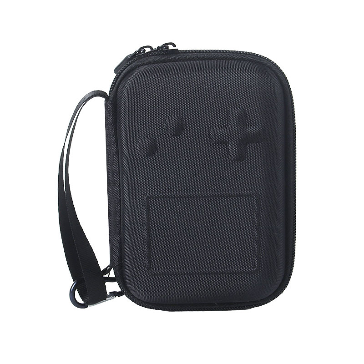Custodia rettangolare nera con cerniera, cinturino e design con pulsanti gamepad sul davanti. Isolato su sfondo bianco.