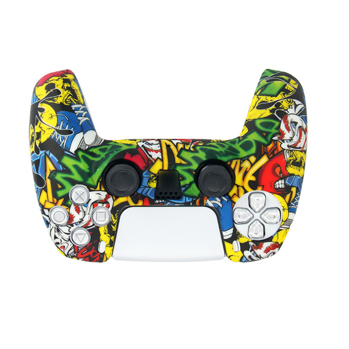 Un controller di gioco colorato coperto di graffiti. Ha pulsanti neri e un pannello centrale bianco. Lo sfondo è bianco.