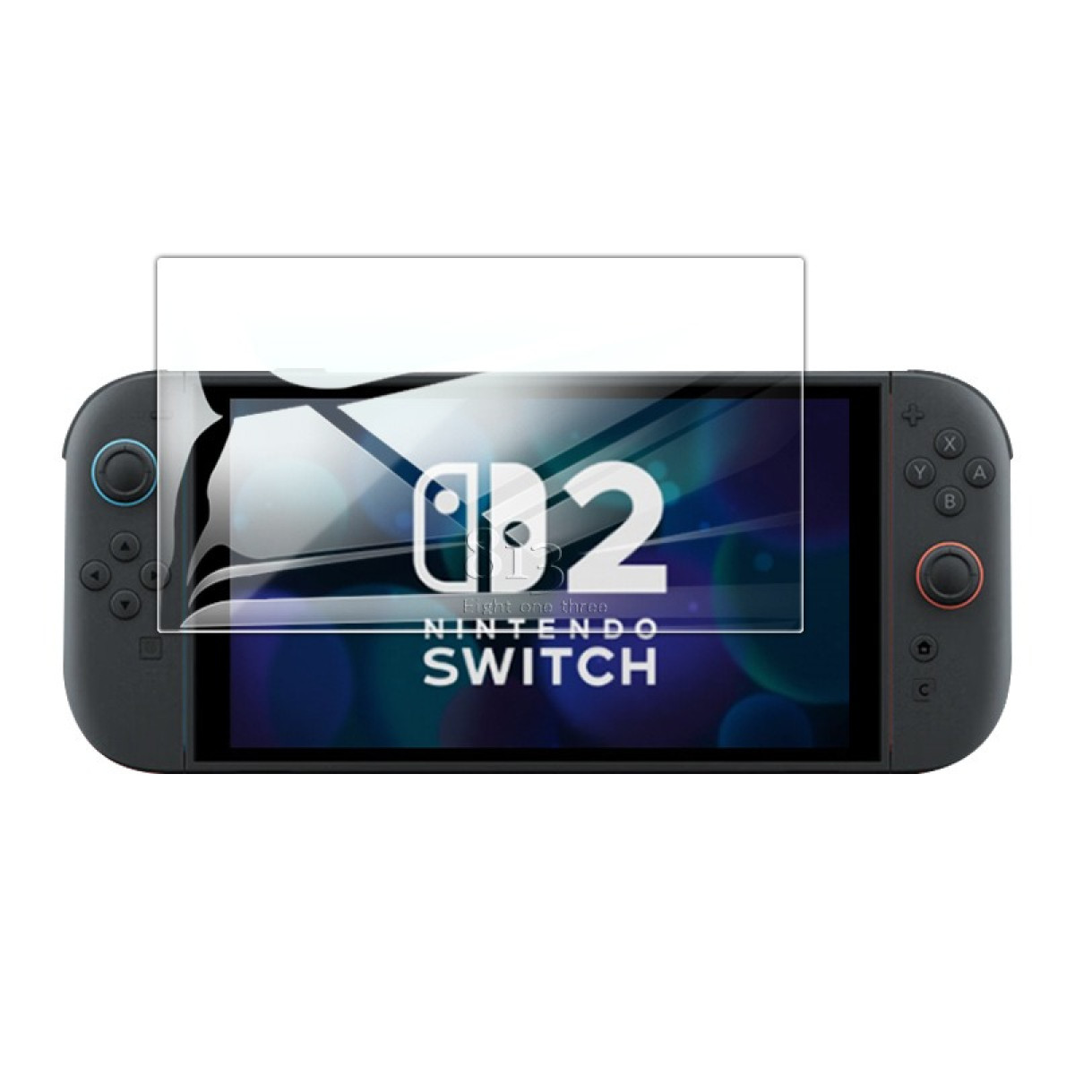 Una console Nintendo Switch con una protezione per lo schermo. Lo schermo mostra il numero '2' con 'Nintendo Switch' sotto. I controller sono grigio scuro.