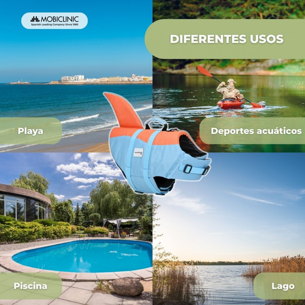 La imagen muestra un chaleco salvavidas con diferentes usos: playa, deportes acuáticos, piscina y lago. Cada escena presenta el chaleco en entornos acuáticos.
