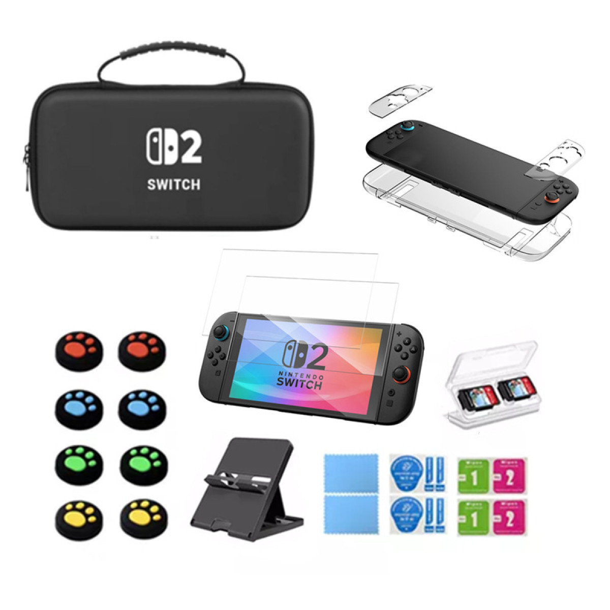 Un bundle Nintendo Switch con custodia, protezione schermo, impugnature controller, schede gioco e supporto.