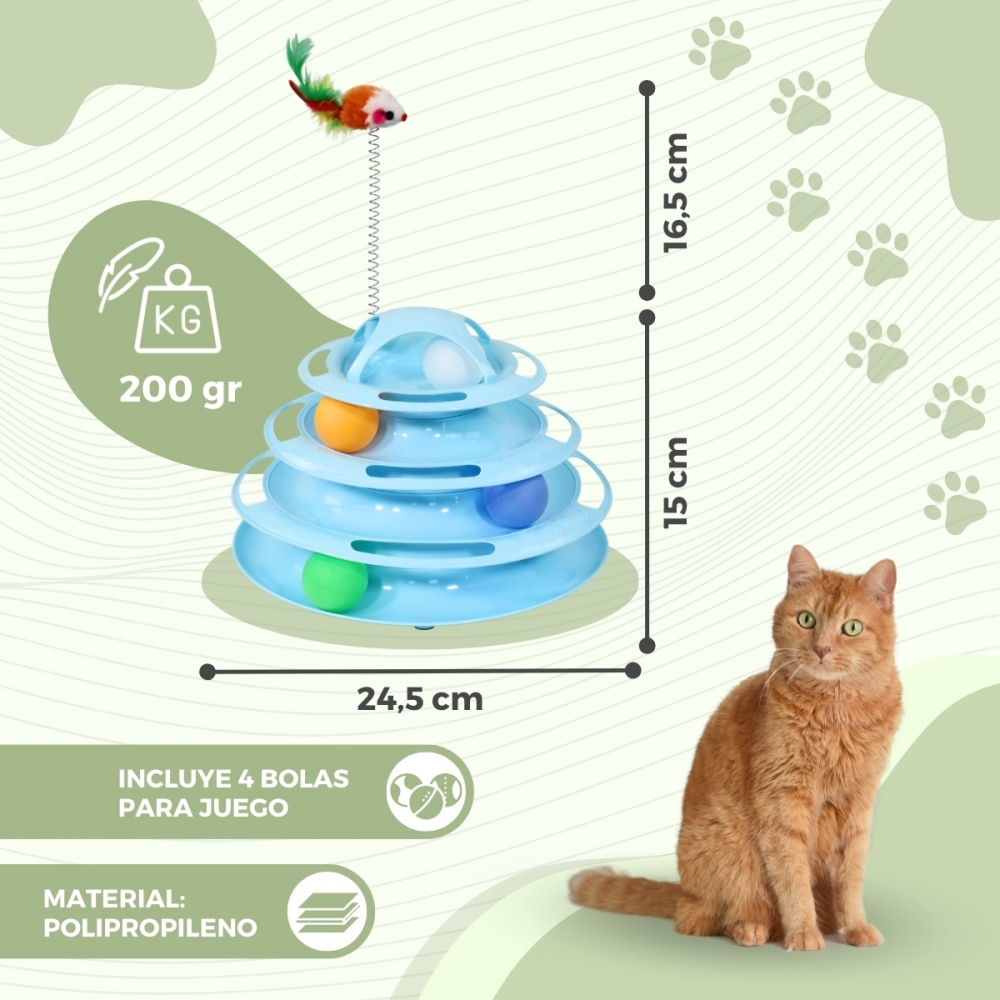 Un juguete para gatos con niveles azules apilados y bolas de colores. Un gato naranja está cerca. También se ven las medidas.