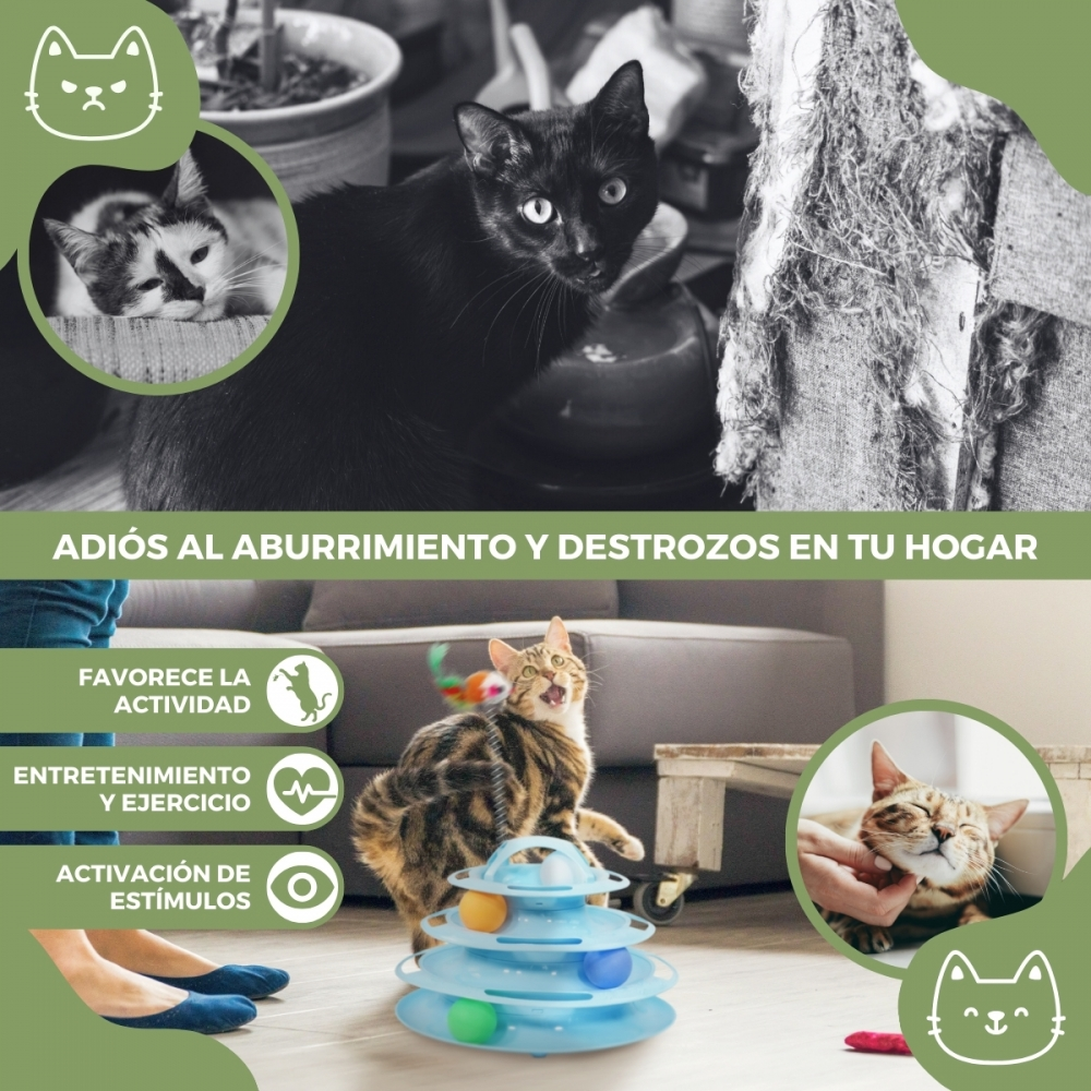 Un gato juega con un juguete. Hay otros gatos en la imagen. El texto dice 'Adiós al aburrimiento y la destrucción en tu hogar'.