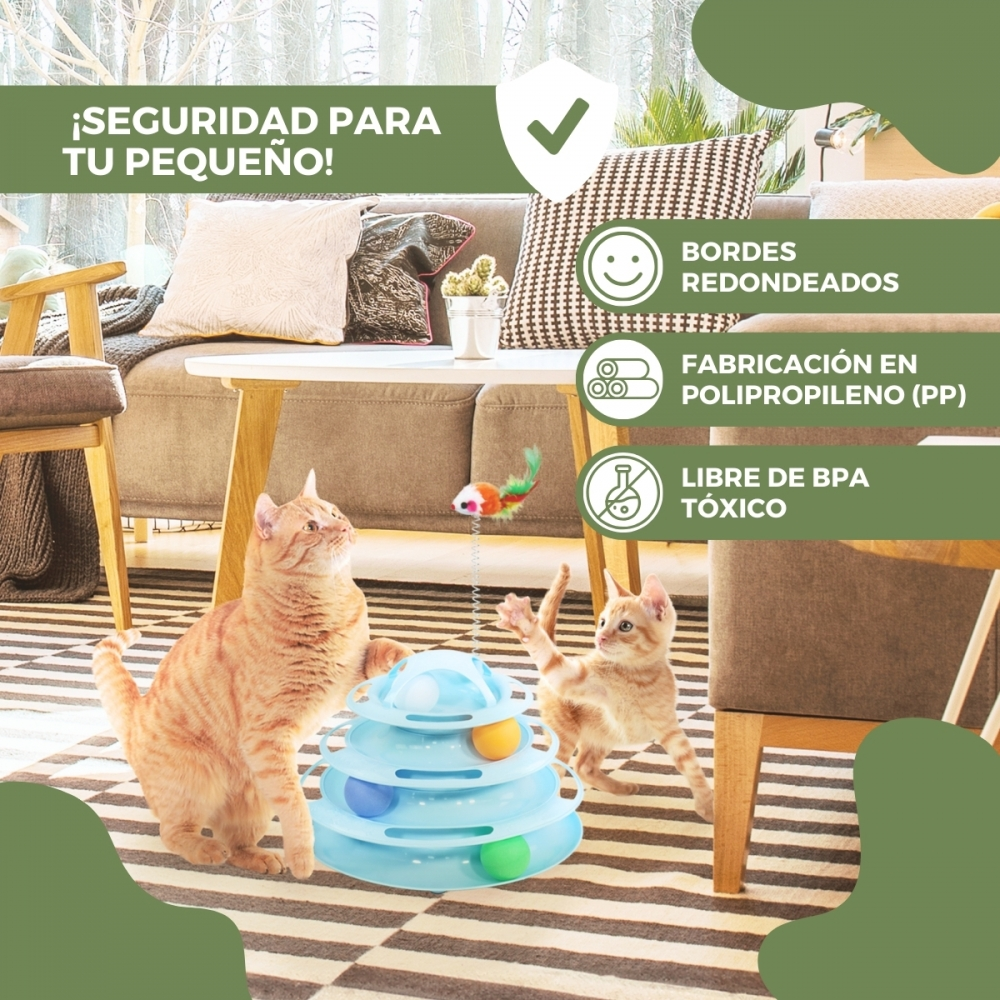 Dos gatos naranjas juegan cerca de un juguete azul con bolas de colores. Texto en español promueve la seguridad para mascotas. 