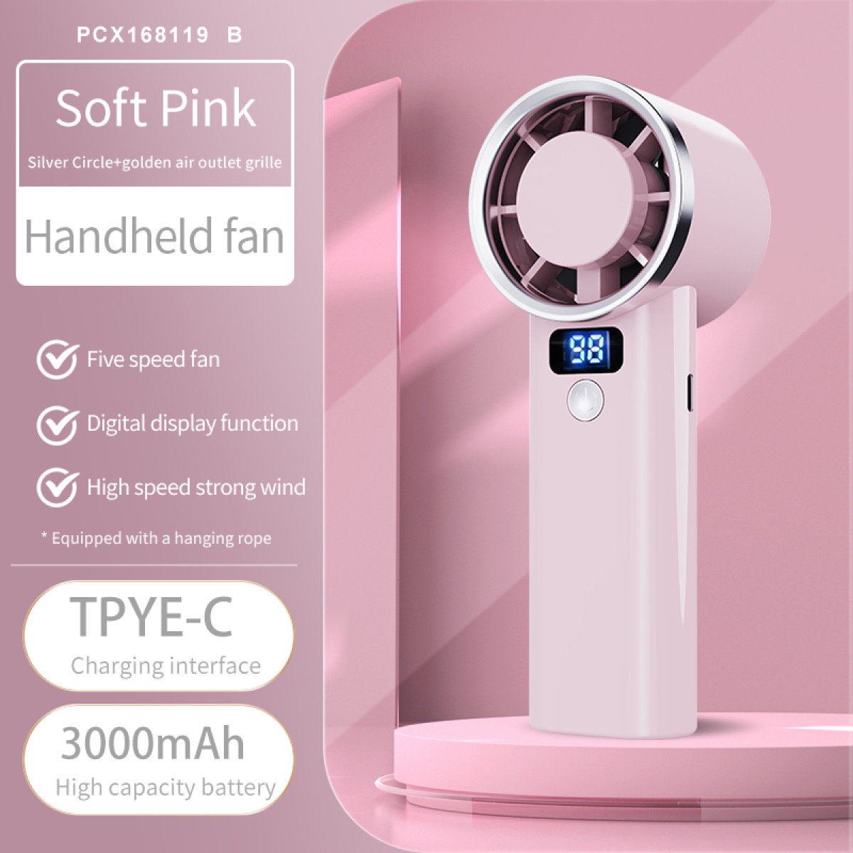 Różowy wentylator ręczny z cyfrowym wyświetlaczem '98'. Ma srebrny okrąg i złotą kratkę wylotu powietrza.