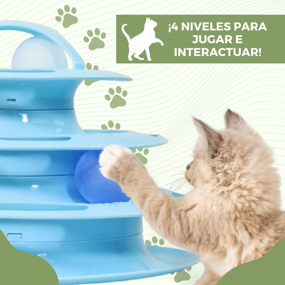 Un gato juega con un juguete de torre azul con bolas. La pata del gato alcanza una bola azul. Huellas de patas verdes en el fondo.