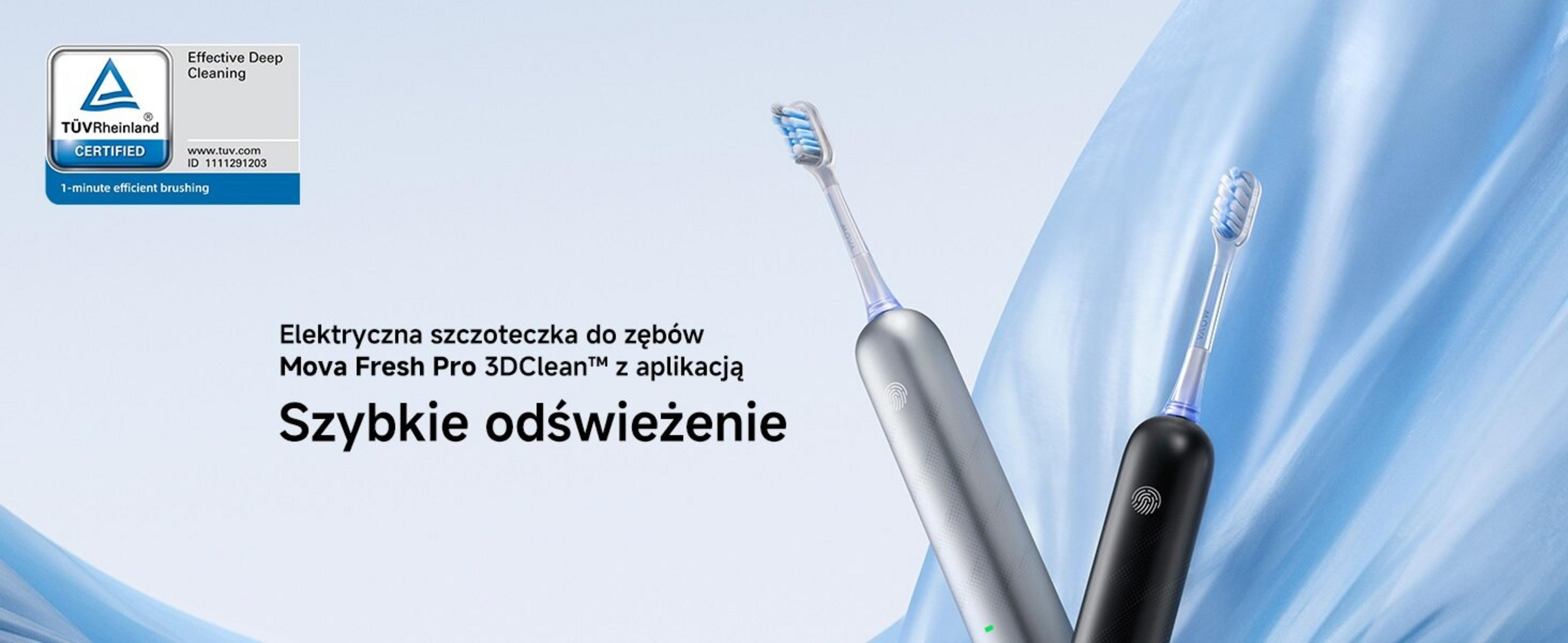 Due spazzolini elettrici, argento e nero, su sfondo blu. Il marchio è Mova Fresh Pro 3DClean.