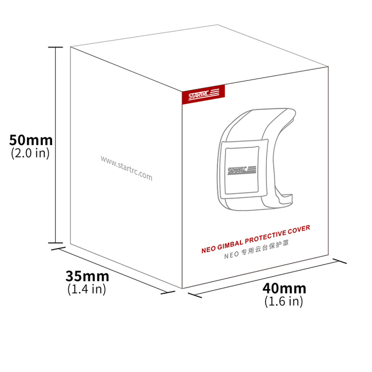 Białe pudełko z ilustracją osłony gimbala. Wymiary to 50 mm, 35 mm i 40 mm. Tekst zawiera 'STARIRC' i 'NEO GIMBAL PROTECTIVE COVER'.
