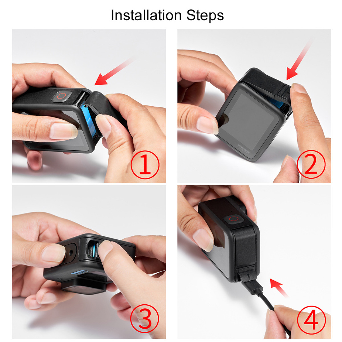 Fasi di installazione per una fotocamera nera. Mani che collegano parti e collegano un cavo, con passaggi numerati da 1 a 4.