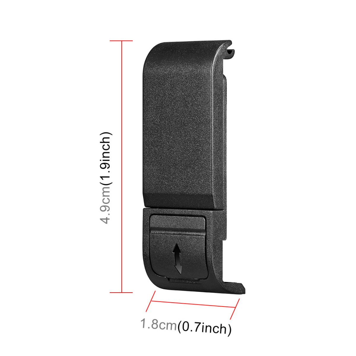 Componente in plastica nera con freccia. Misura 4,9 cm di altezza e 1,8 cm di larghezza.