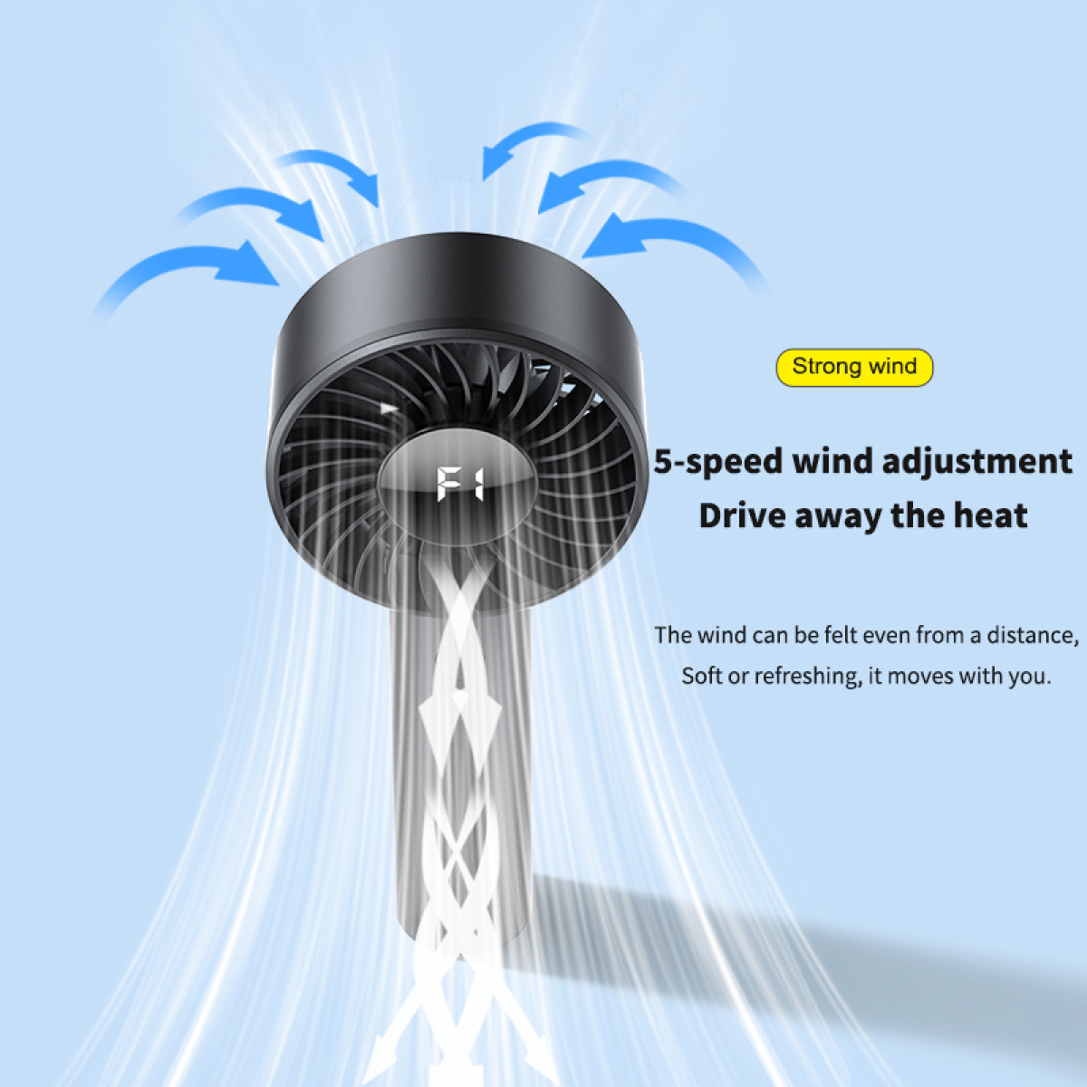Czarny wentylator z niebieskimi strzałkami wiatru i tekstem o 5-stopniowej regulacji wiatru na jasnoniebieskim tle.