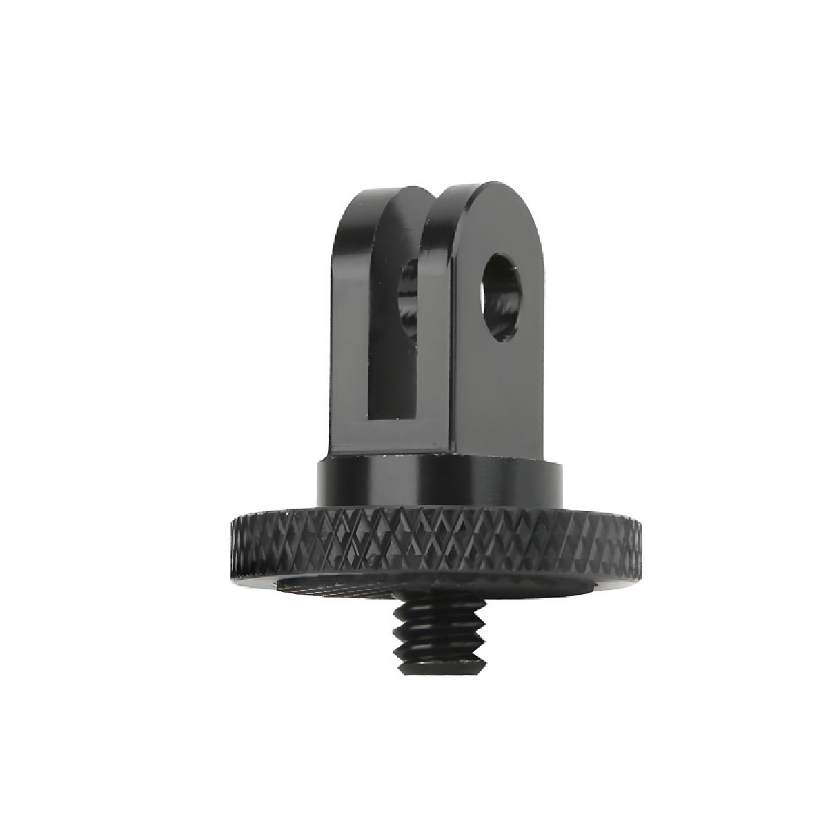 Un supporto per fotocamera in metallo nero con una vite e una staffa per il fissaggio a una fotocamera. Sfondo bianco.