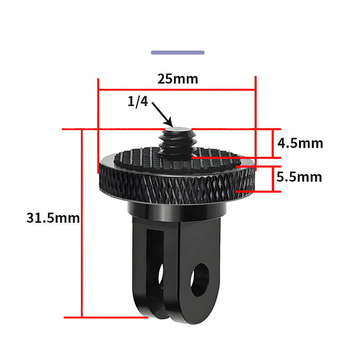 Supporto fotocamera nero con misure. Ha una vite, una base strutturata e una fessura per una fotocamera. Le dimensioni sono indicate in rosso.