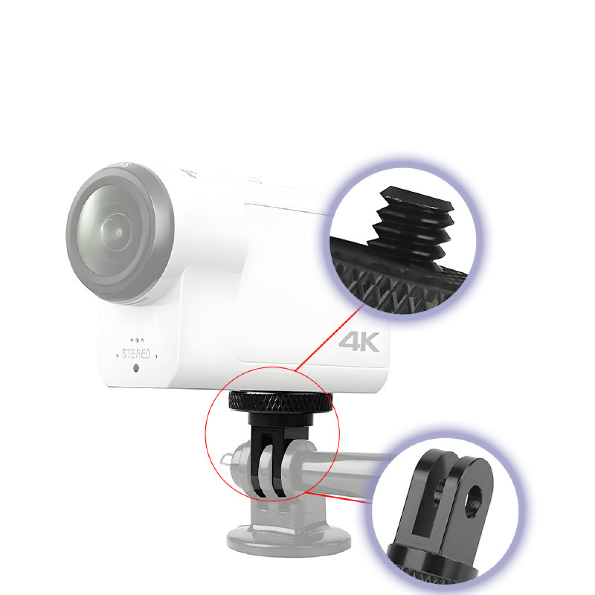 Viene mostrata una action cam bianca con accessori neri. I primi piani evidenziano i dettagli delle viti e una staffa. Lo sfondo è bianco.