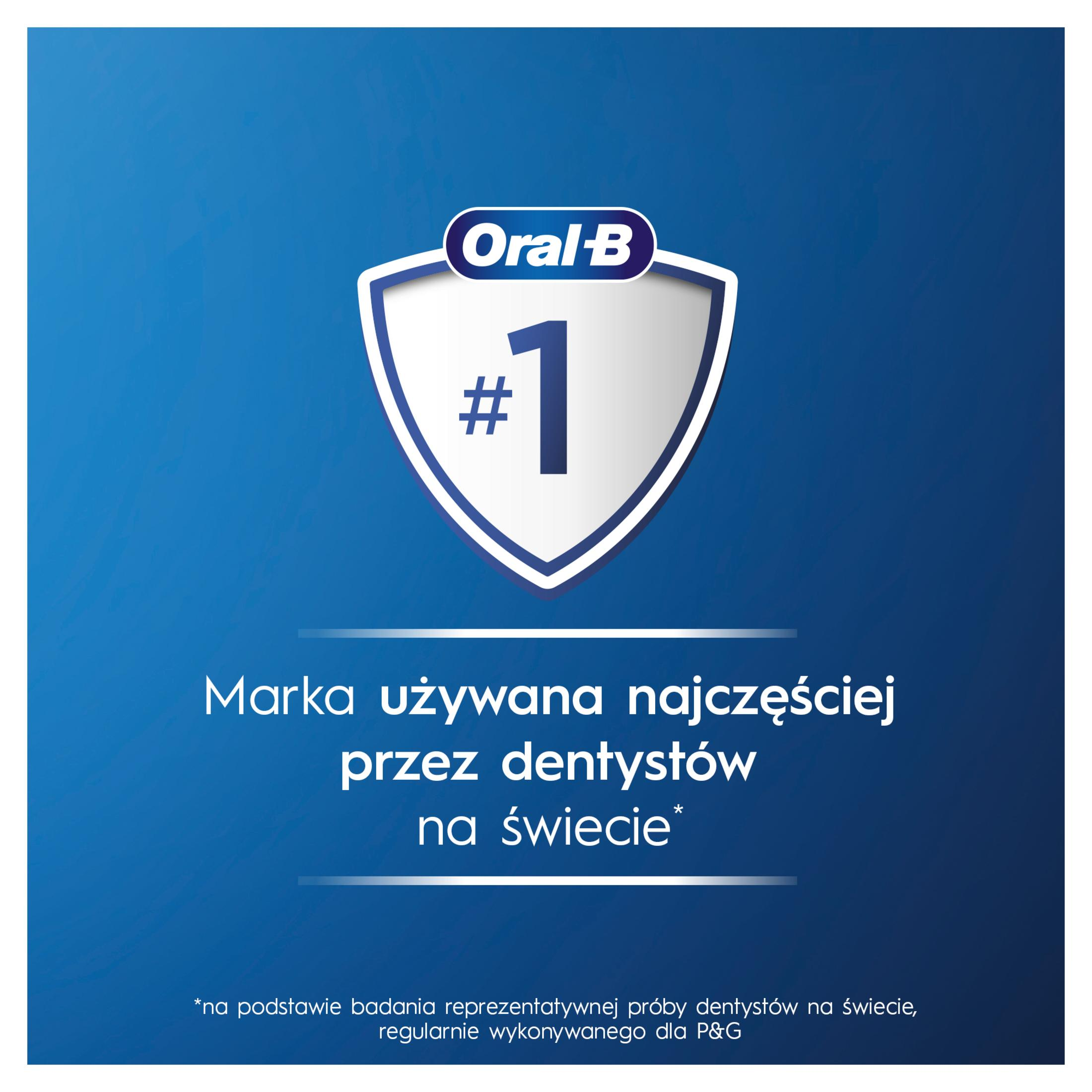 Logo Oral-B su sfondo blu. Mostra uno scudo con il numero 1 e il testo: più utilizzato dai dentisti.