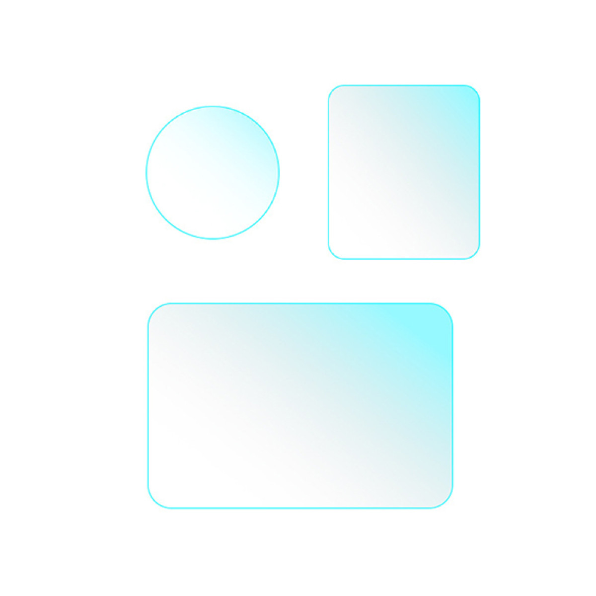 Trzy kształty na białym tle: okrąg, prostokąt i większy prostokąt, wszystkie z gradientem i niebieskimi obrysami.