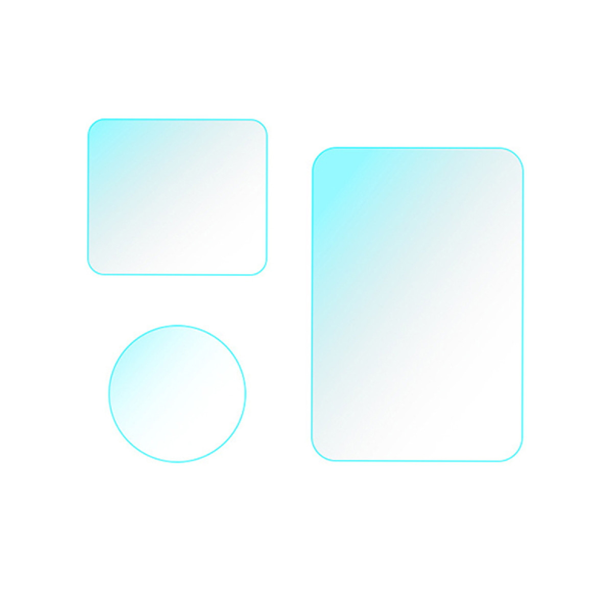 Trzy kształty na białym tle: zaokrąglony prostokąt, okrąg i wysoki prostokąt, wszystkie z niebieskim gradientem i obrysem.