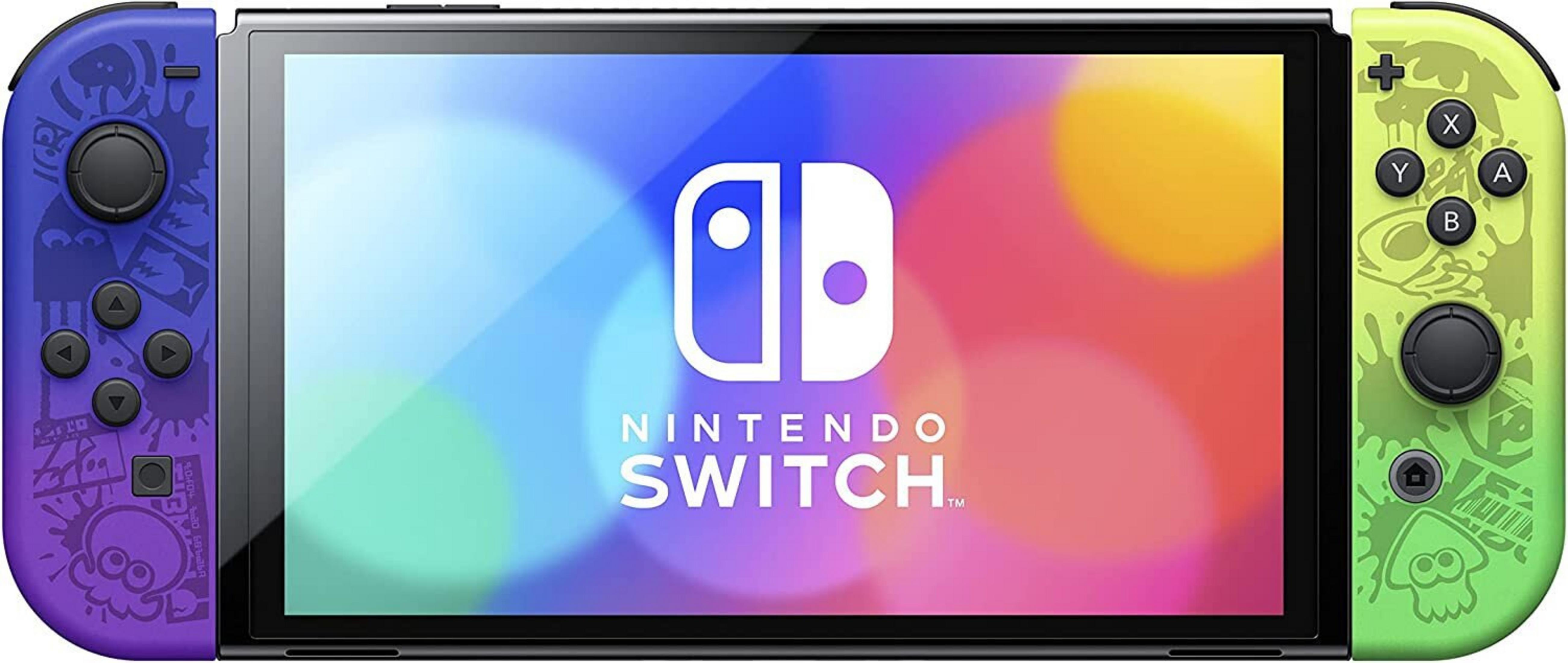 Eine Nintendo Switch-Konsole. Sie hat blaue und grüne Controller. Der Bildschirm zeigt das Nintendo Switch-Logo.