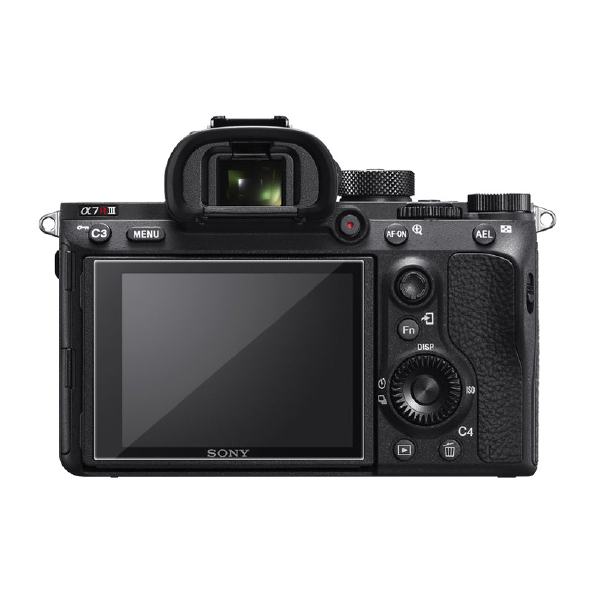 Widok z tyłu czarnego aparatu Sony a7 III. Posiada ekran, przyciski, pokrętła i wizjer. Widoczna jest nazwa marki Sony.