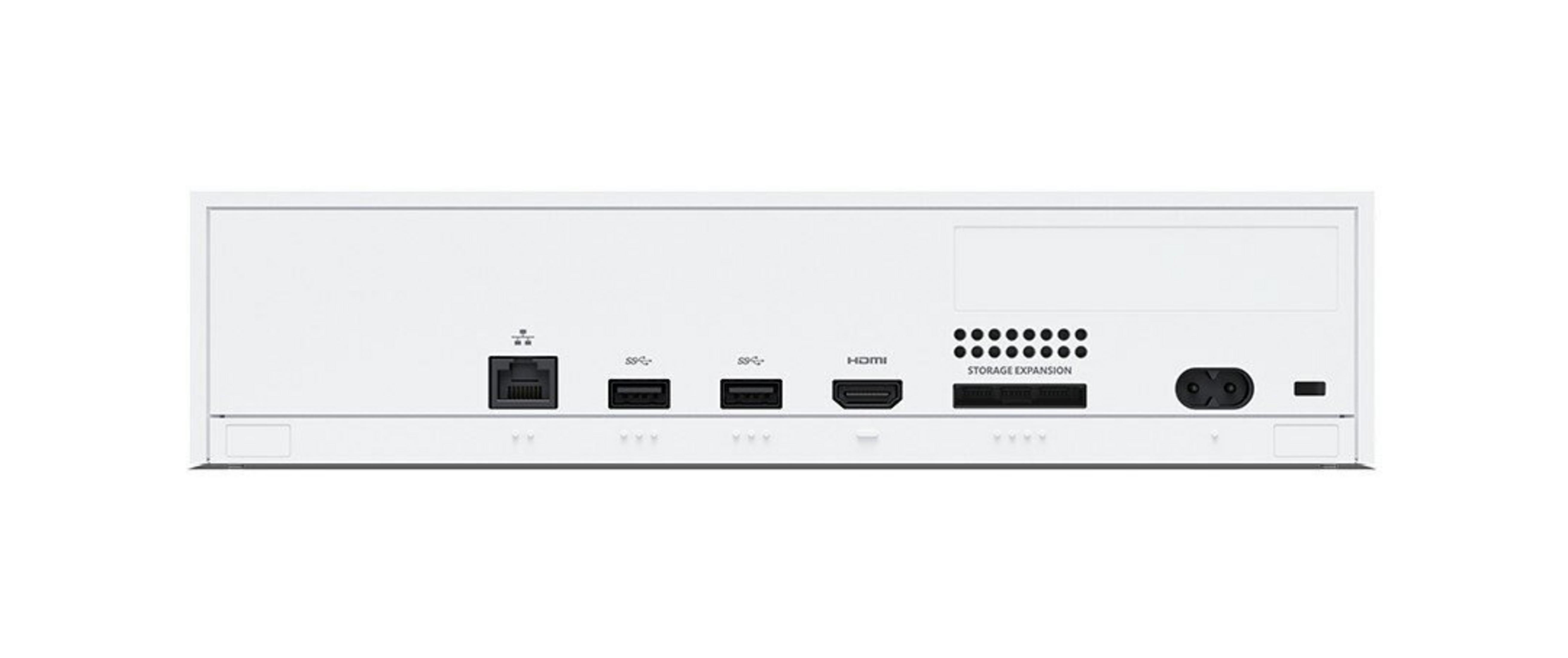 Widok z tyłu białej konsoli do gier z portami Ethernet, USB, HDMI i zasilania. Posiada gniazdo rozszerzeń.