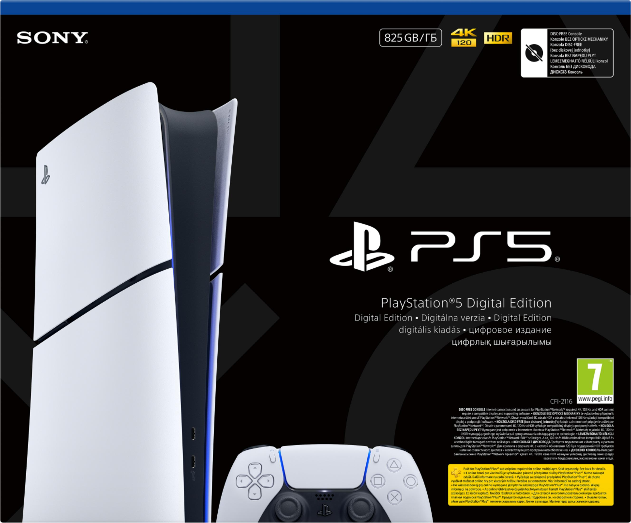 Pudełko PS5 Digital Edition. Konsola biało-czarna, z kontrolerem.