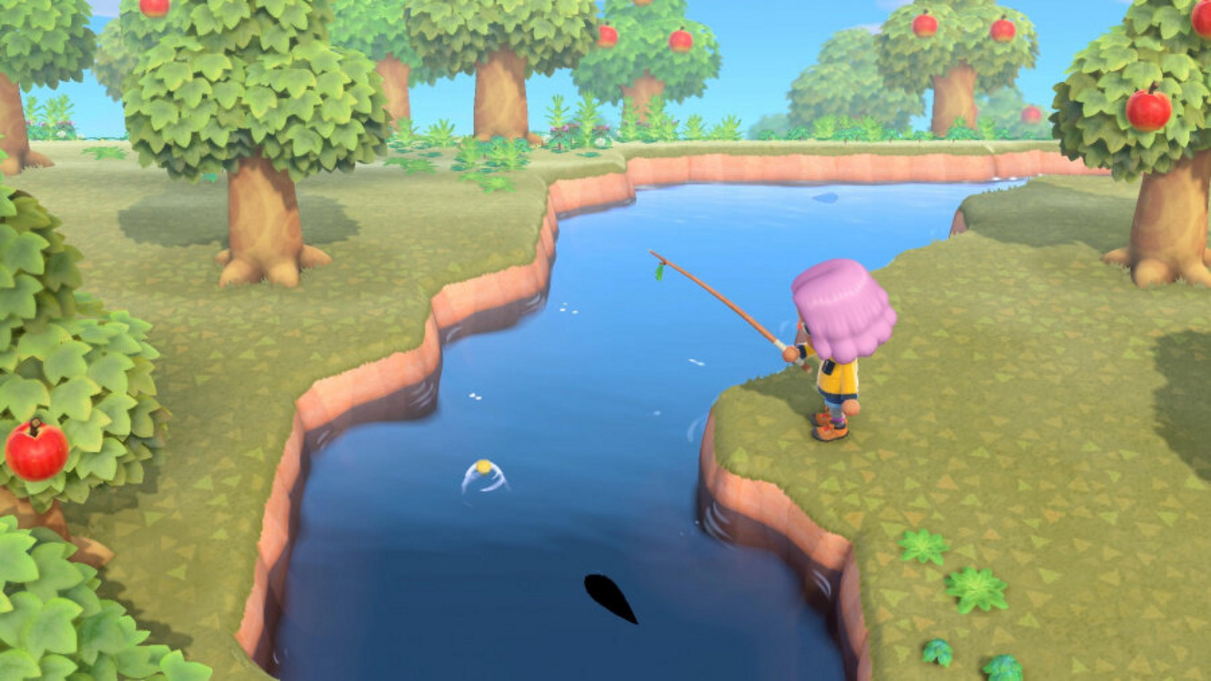 Een personage met roze haar vist in een rivier. Bomen met appels staan langs de oevers. Een vis is zichtbaar in het water.