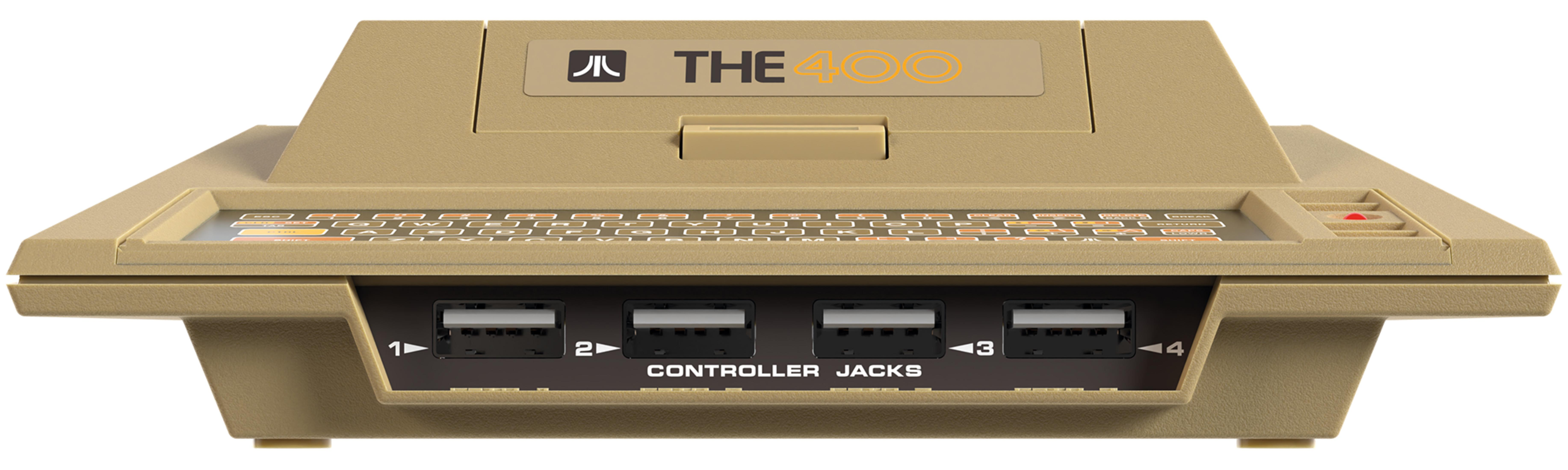 Komputer Atari 400. Beżowa obudowa, klawiatura i gniazda kontrolera. Widoczne 'THE 400' i logo Atari.