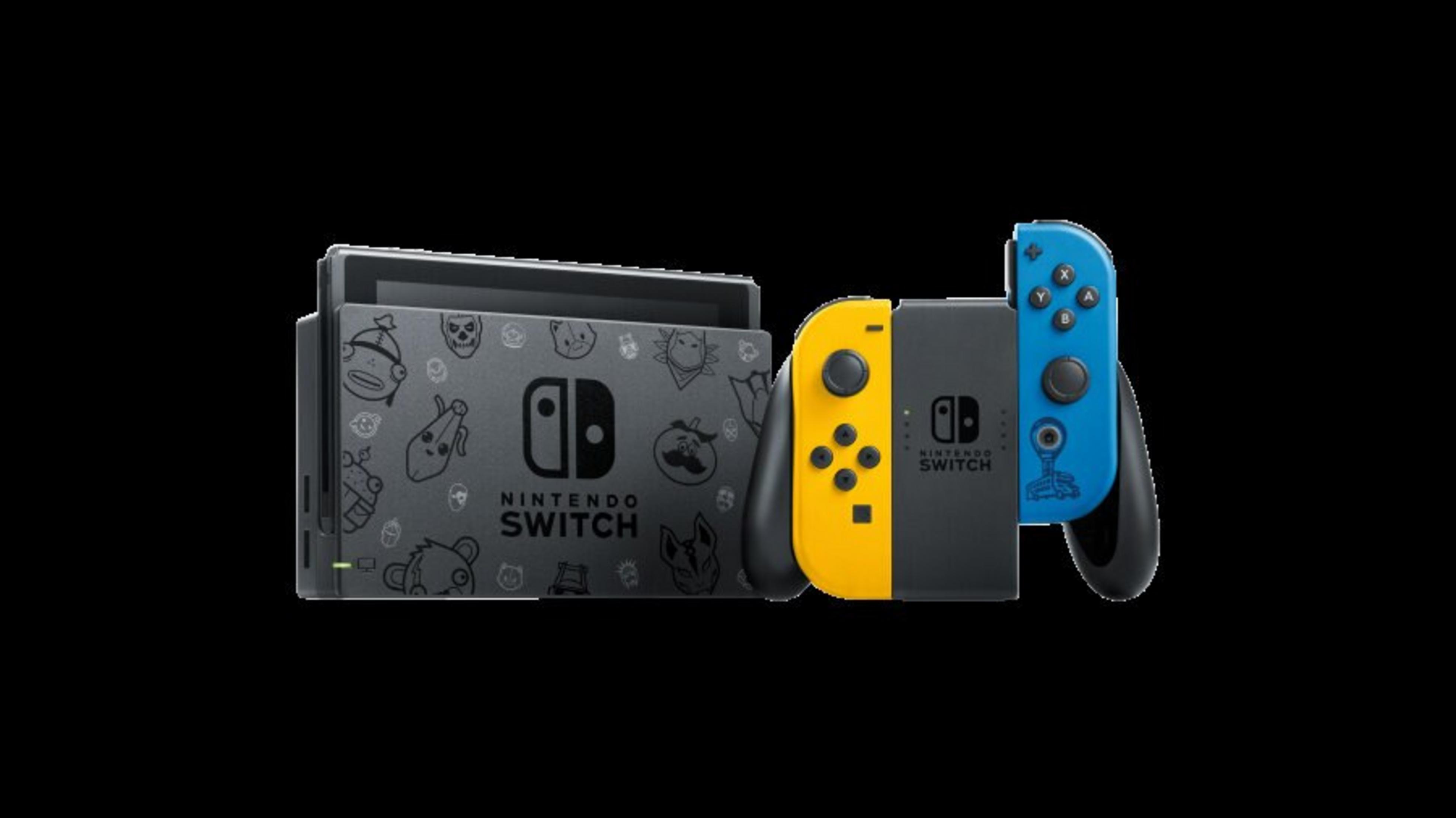 Nintendo Switch-Konsole mit gelben und blauen Joy-Cons, schwarzer Hintergrund. Konsole hat verschiedene Cartoon-Charaktere.