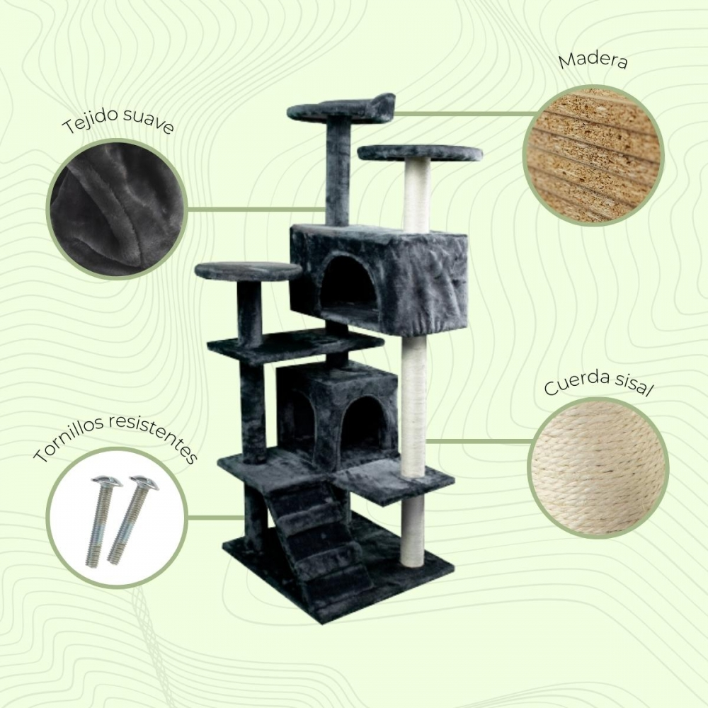 Un árbol para gatos gris con múltiples plataformas, una casa para gatos, un poste rascador de sisal y detalles de madera. Incluye tornillos y tela suave.