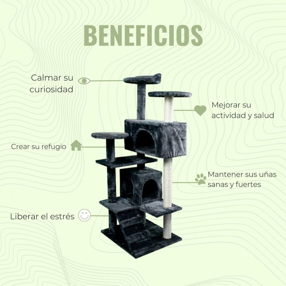 Árbol para gatos gris con plataformas, escondites y postes para rascar. Texto: curiosidad, refugio, alivio del estrés, salud.