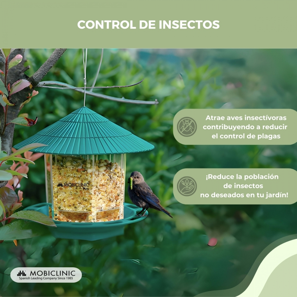 Un comedero para pájaros con un pájaro posado. El texto promueve el control de insectos en un jardín. Predominan los colores verde y marrón.