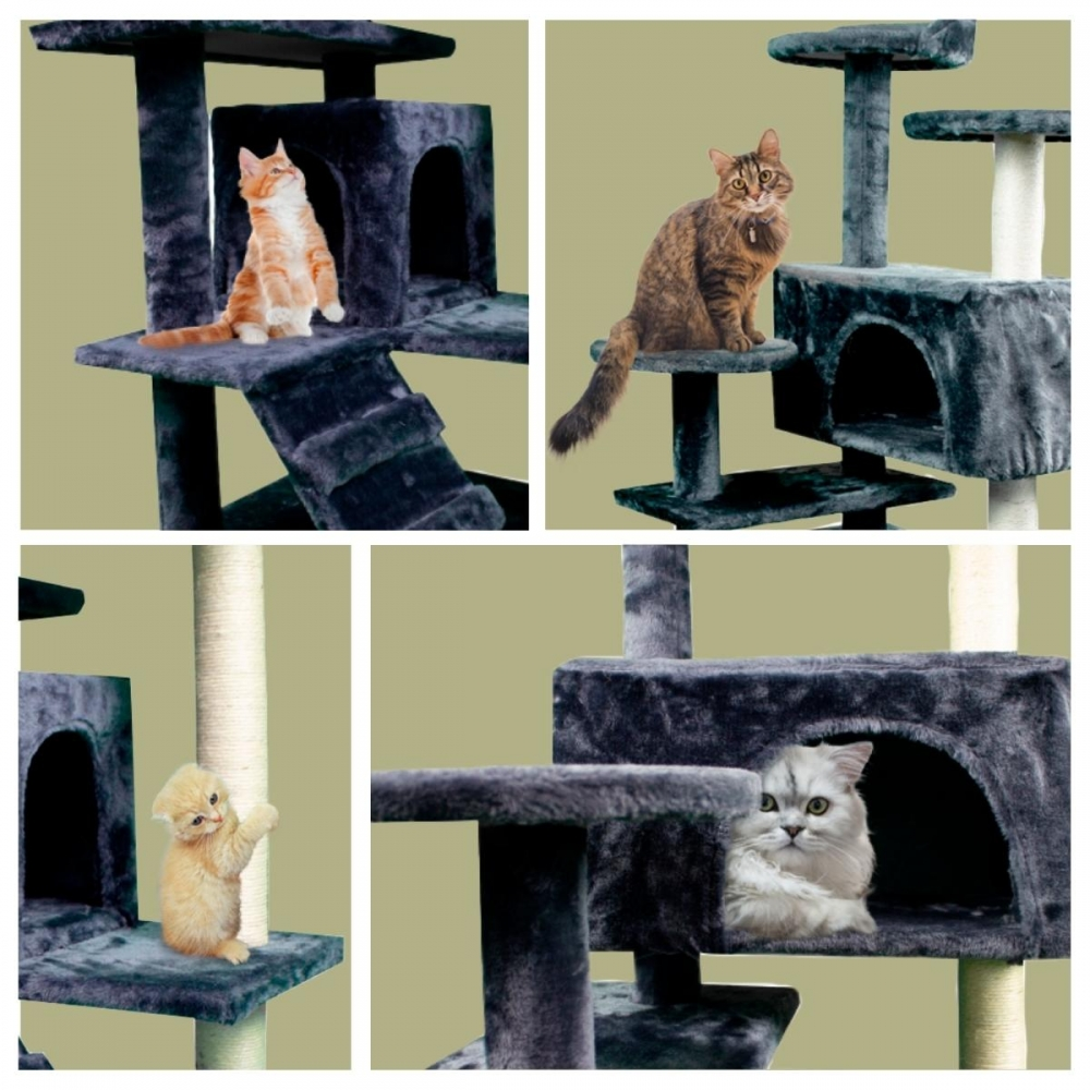 Cuatro gatos en árboles para gatos. Gatos naranjas, marrones y grises en árboles grises y beige. Fondo beige.