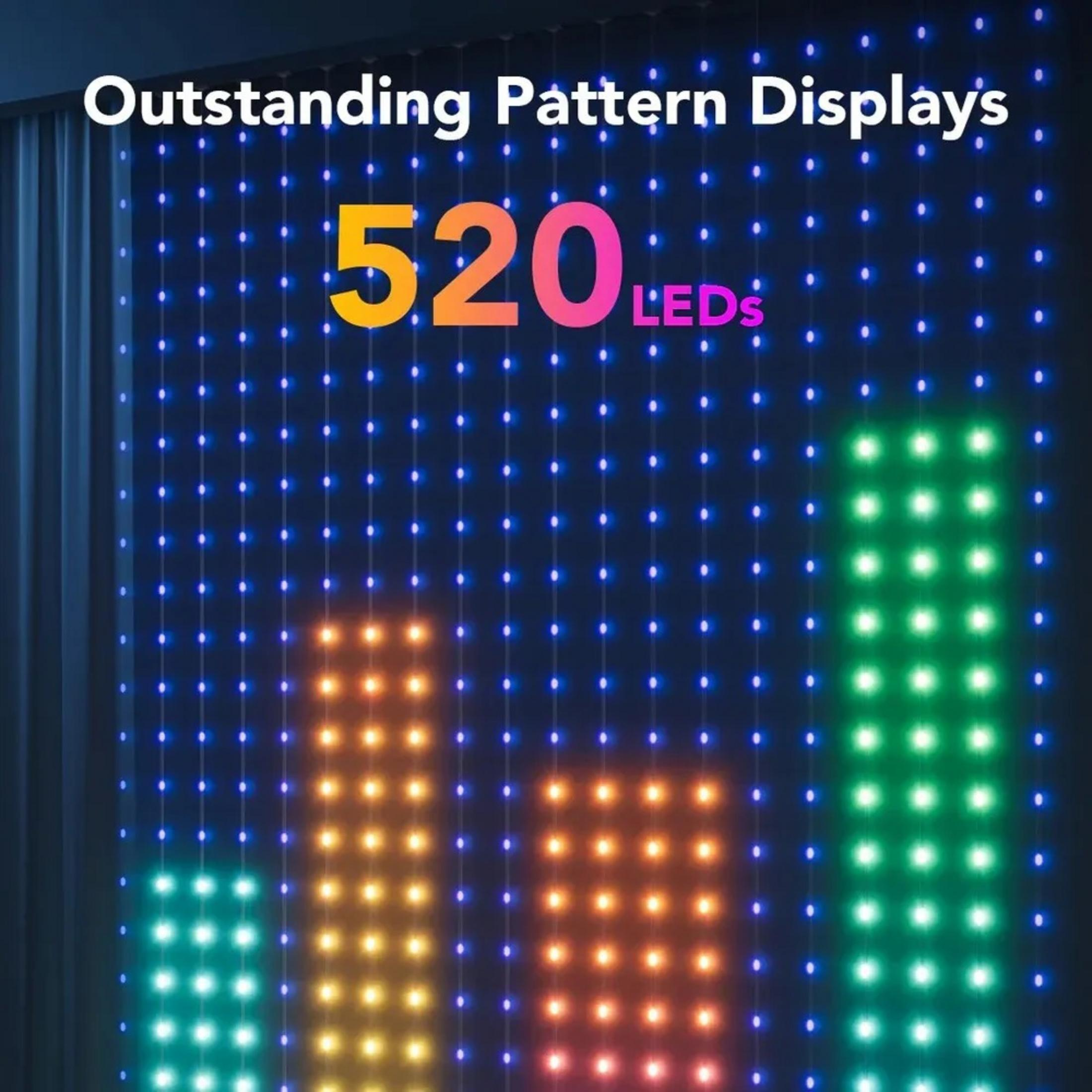 Affichage lumineux à LED indiquant '520 LEDs'. Le fond est bleu foncé avec des colonnes vertes, oranges et sarcelle.
