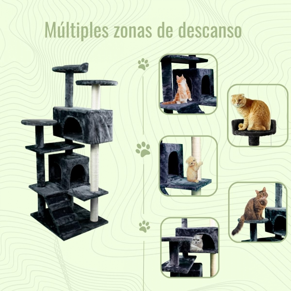 Un árbol para gatos con múltiples niveles y áreas de descanso. Se muestran varios gatos usando el árbol.