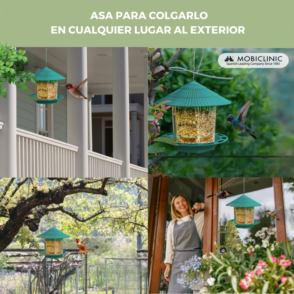 La imagen muestra comederos para pájaros y colibríes en varios entornos al aire libre. Una mujer está junto a una ventana. Los comederos son verdes.