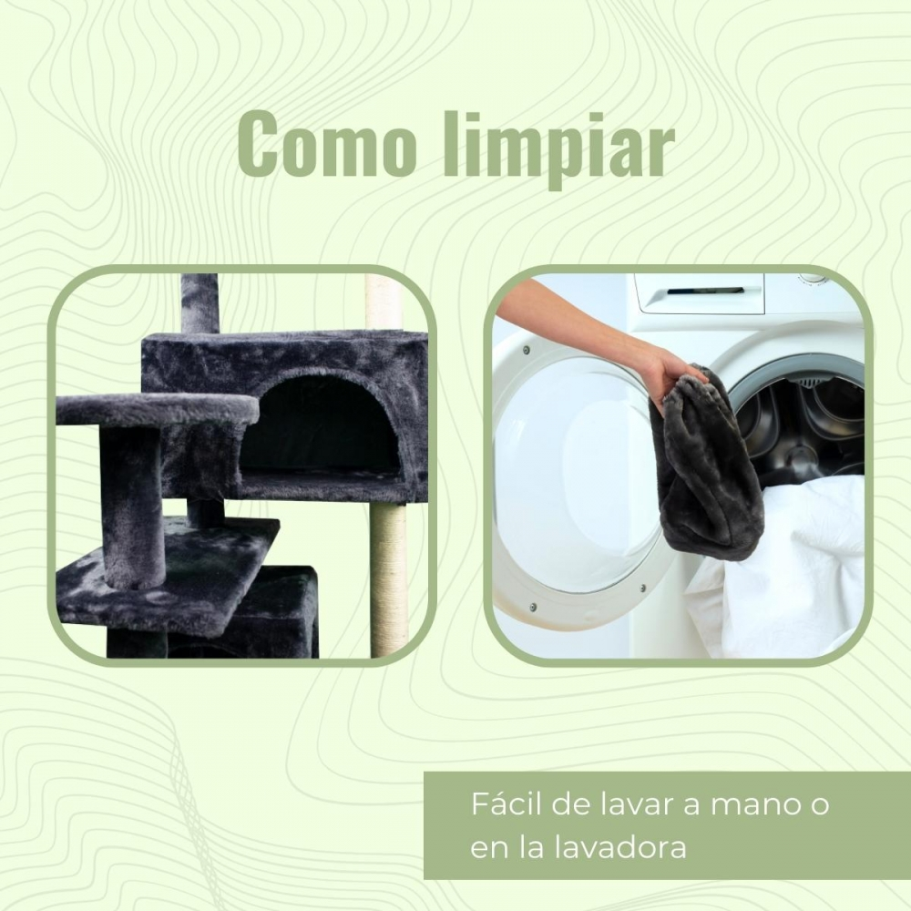 La imagen muestra un rascador para gatos y una lavadora. Una mano mete un objeto gris oscuro en la lavadora con telas blancas.