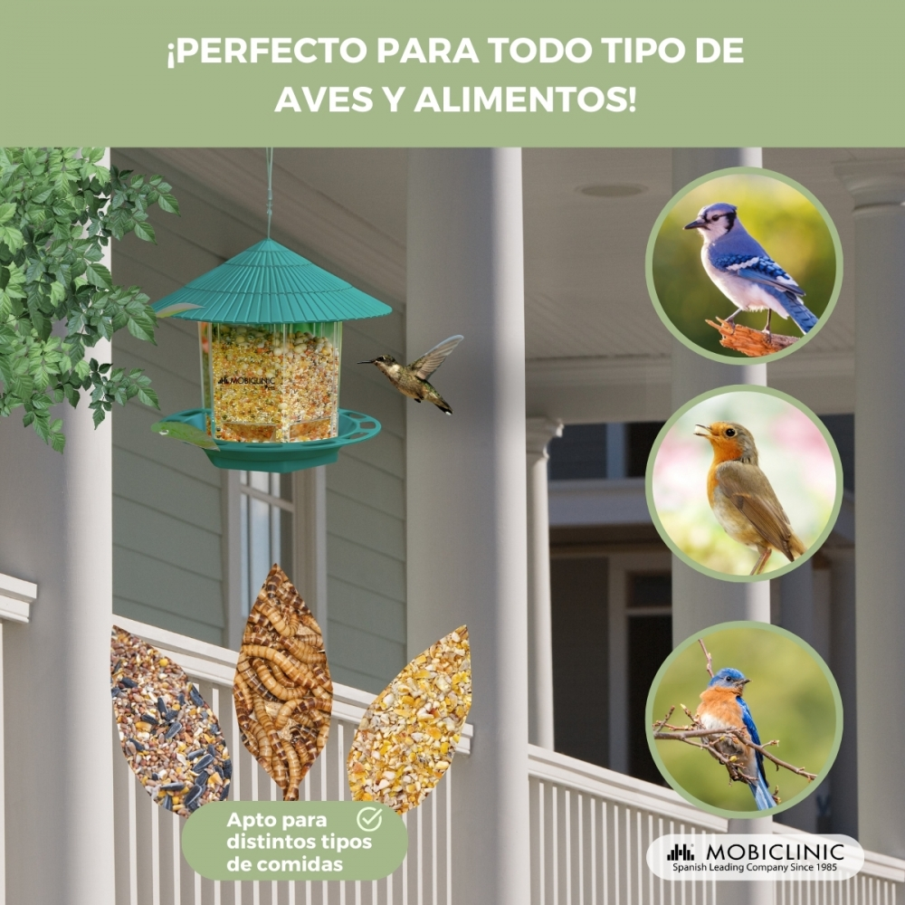 La imagen muestra un comedero para pájaros con varias opciones de alimento para aves. Se muestran pájaros en círculos. El texto dice 'Perfecto para todas las aves y alimentos'.