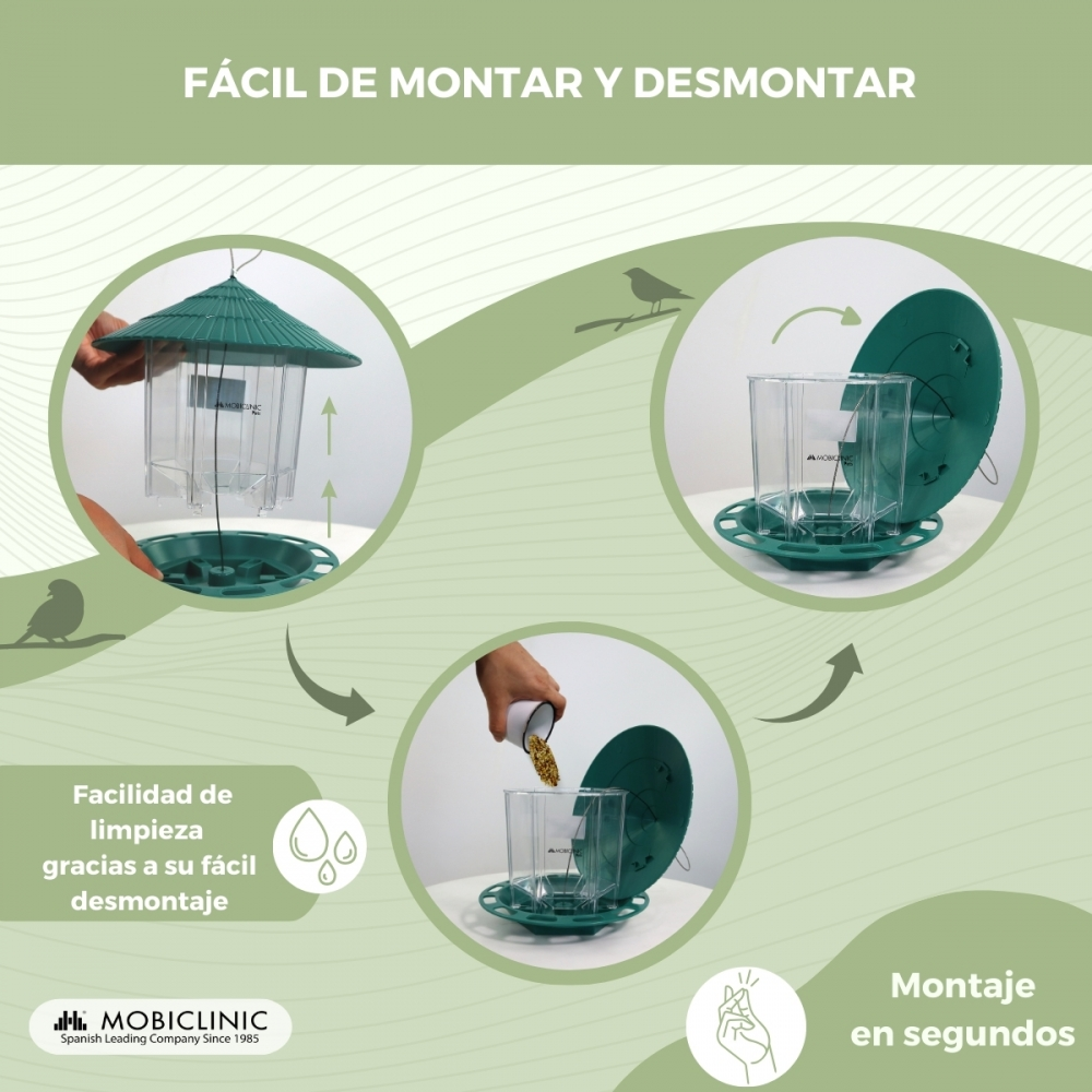 Diagrama que muestra cómo ensamblar un comedero para pájaros verde. Los pasos incluyen ensamblaje, apertura y llenado con semillas. Texto en español.
