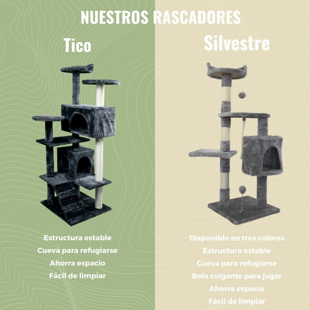 La imagen muestra dos rascadores para gatos, uno llamado 'Tico' y otro 'Silvestre'. Ambos tienen plataformas, escondites y postes.