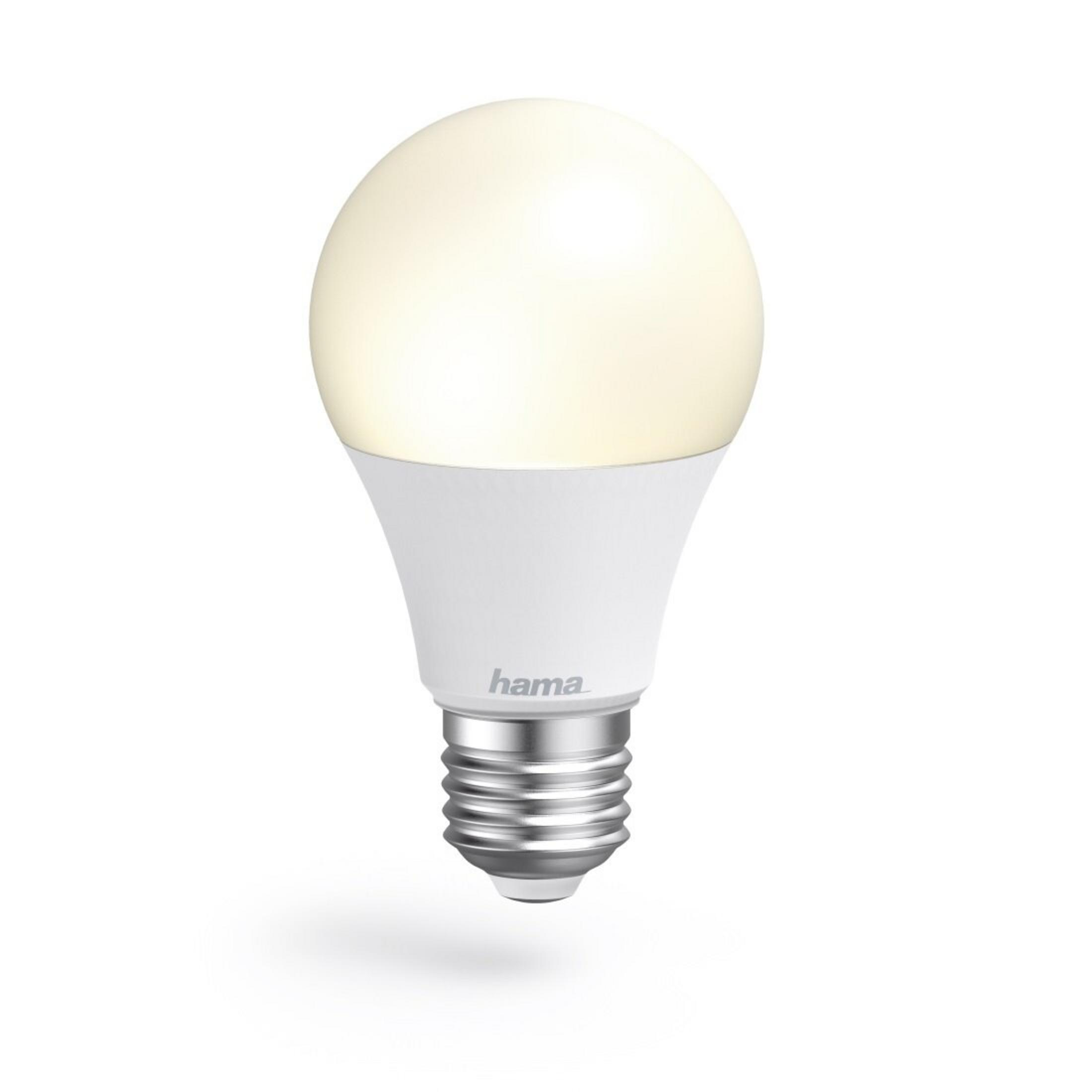 Una bombilla LED blanca con base plateada. La bombilla está encendida y la marca 'hama' es visible.