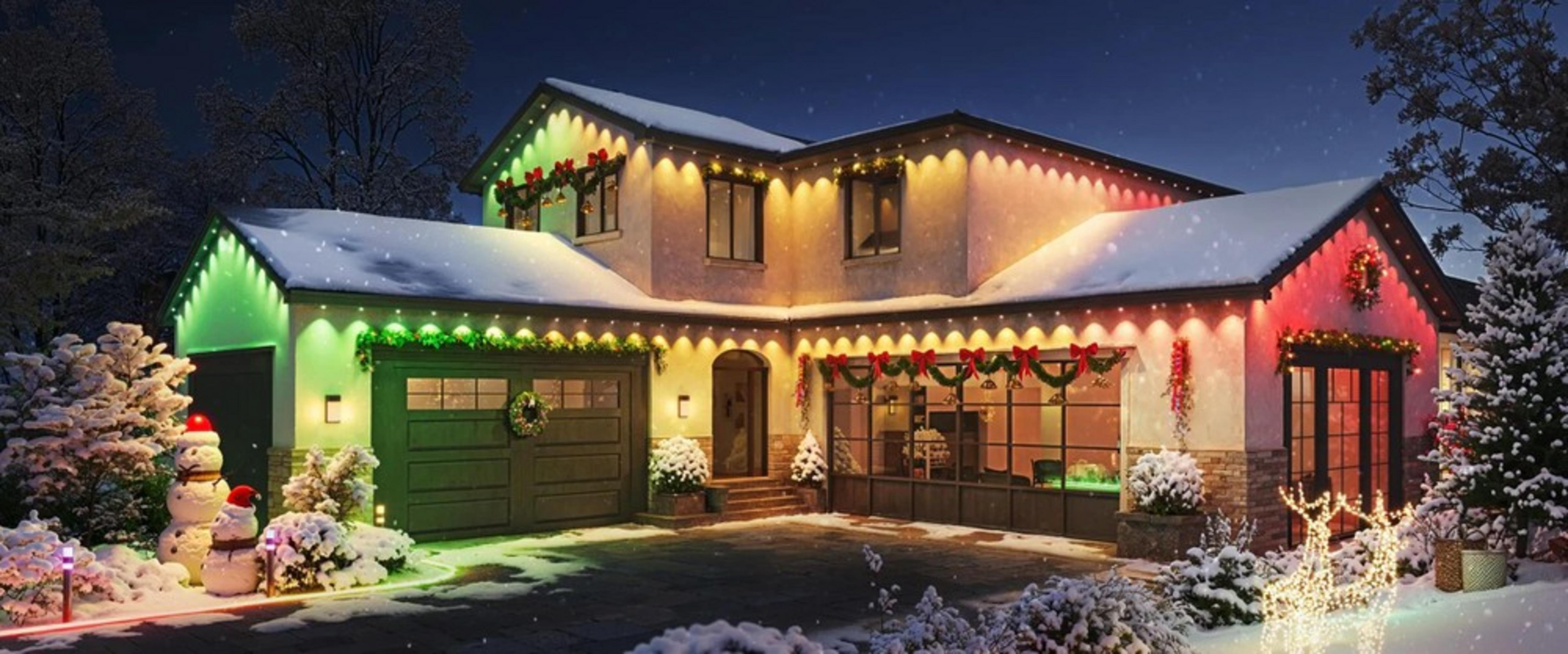 Dom udekorowany na Boże Narodzenie ze światłami, śniegiem i dekoracjami. Bałwany są na podwórku, a podświetlane renifery z boku.