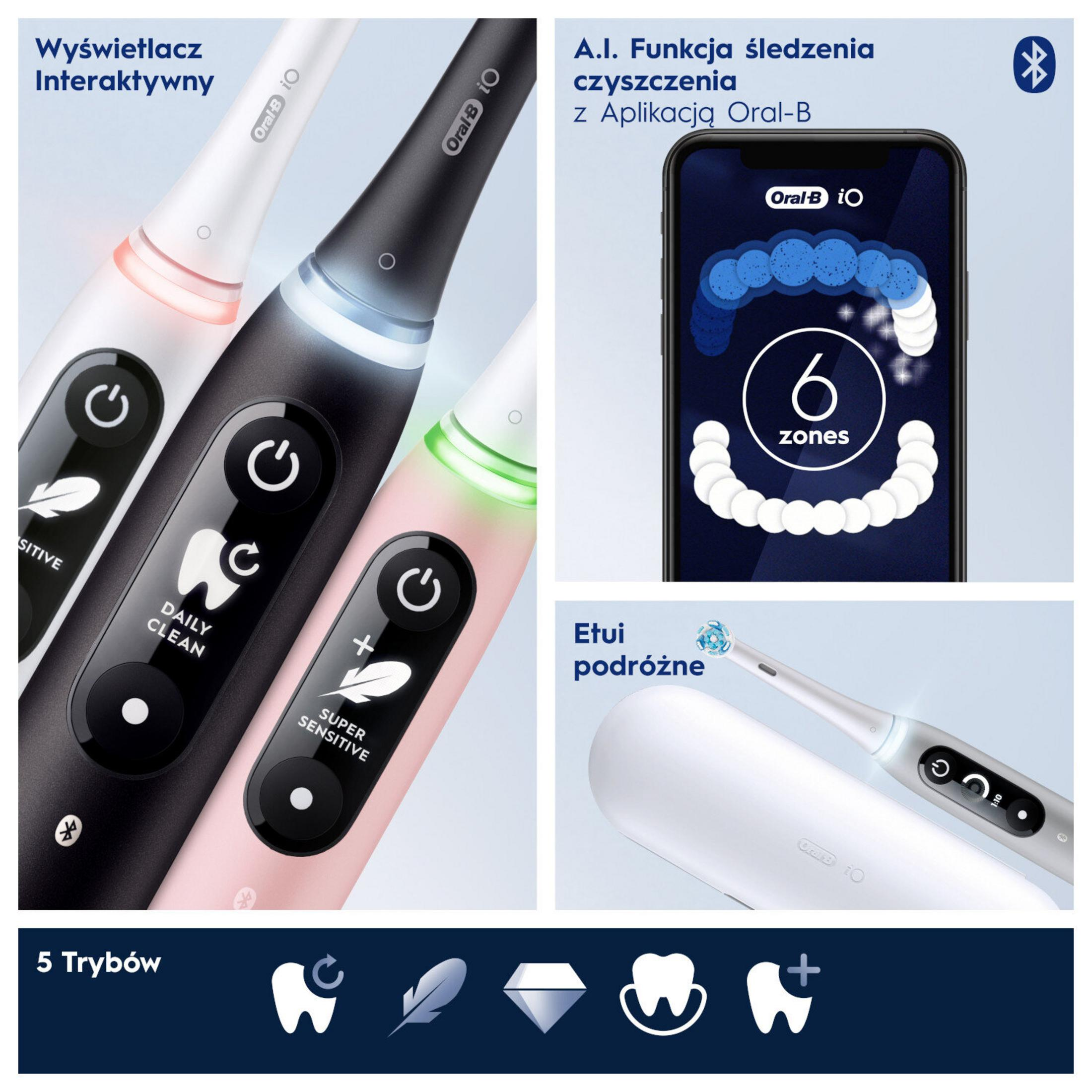 Obraz przedstawia elektryczne szczoteczki do zębów Oral-B IO w kolorze białym, czarnym i różowym, z telefonem wyświetlającym strefy czyszczenia.