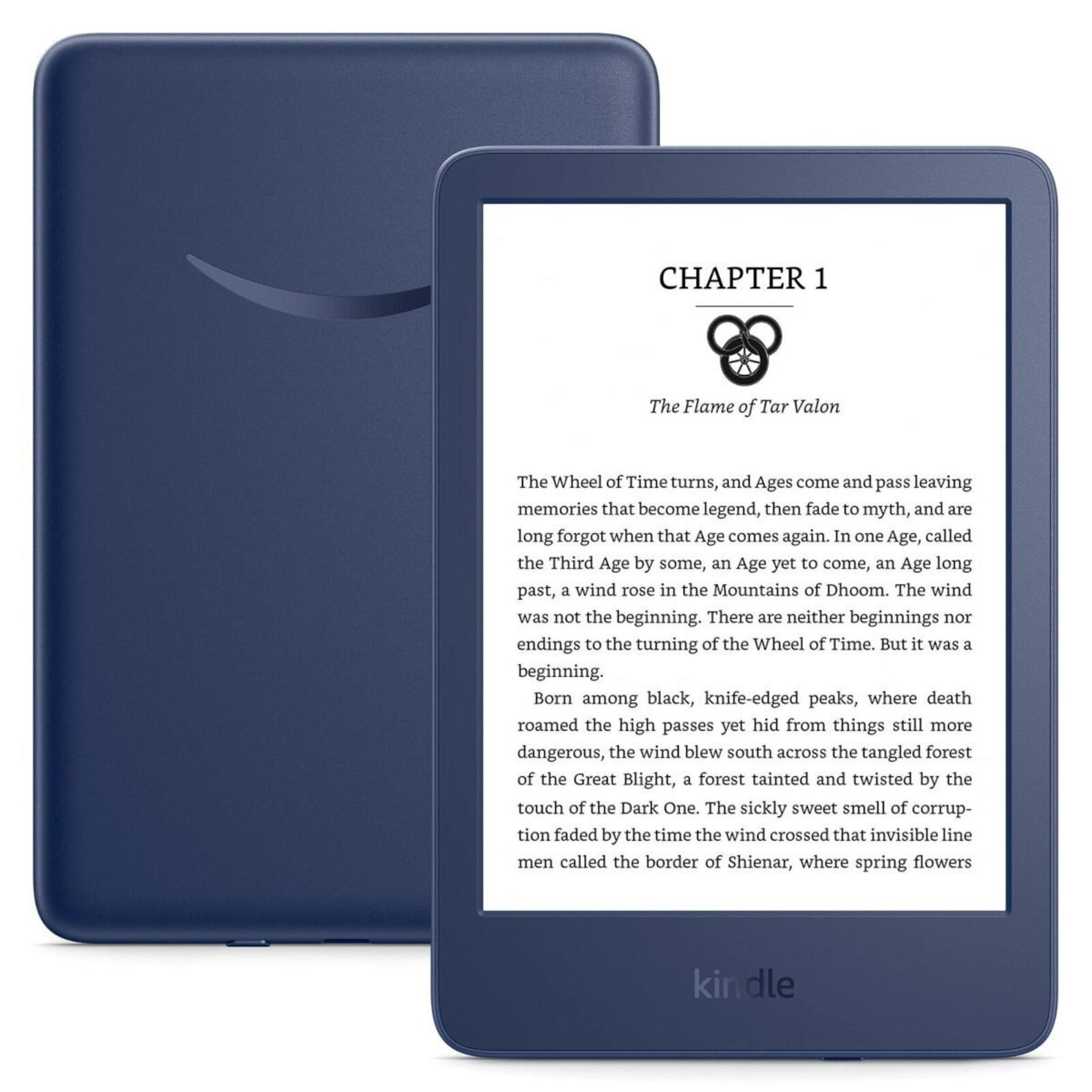 Un e-reader Kindle blu scuro è aperto, che mostra il testo di 'The Wheel of Time'. La copertina è visibile a sinistra.