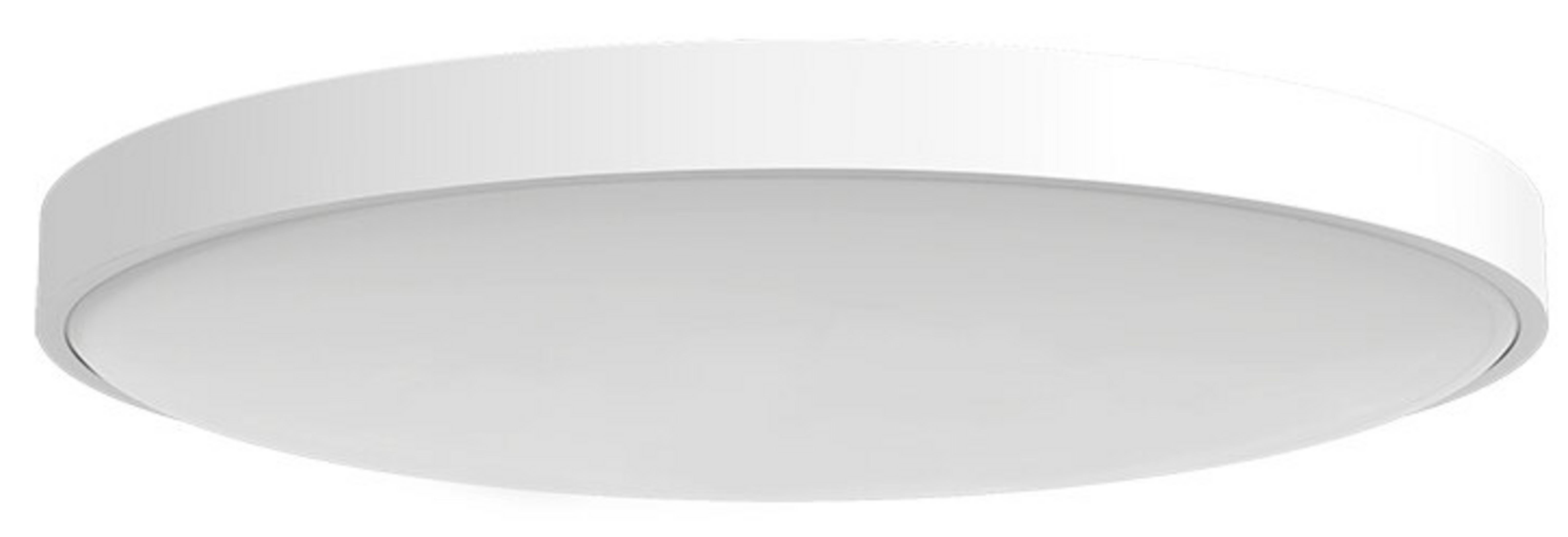 Eine weiße, runde Deckenleuchte. Sie hat ein flaches, kreisförmiges Design mit weißem Rahmen und einer lichtstreuenden Oberfläche.