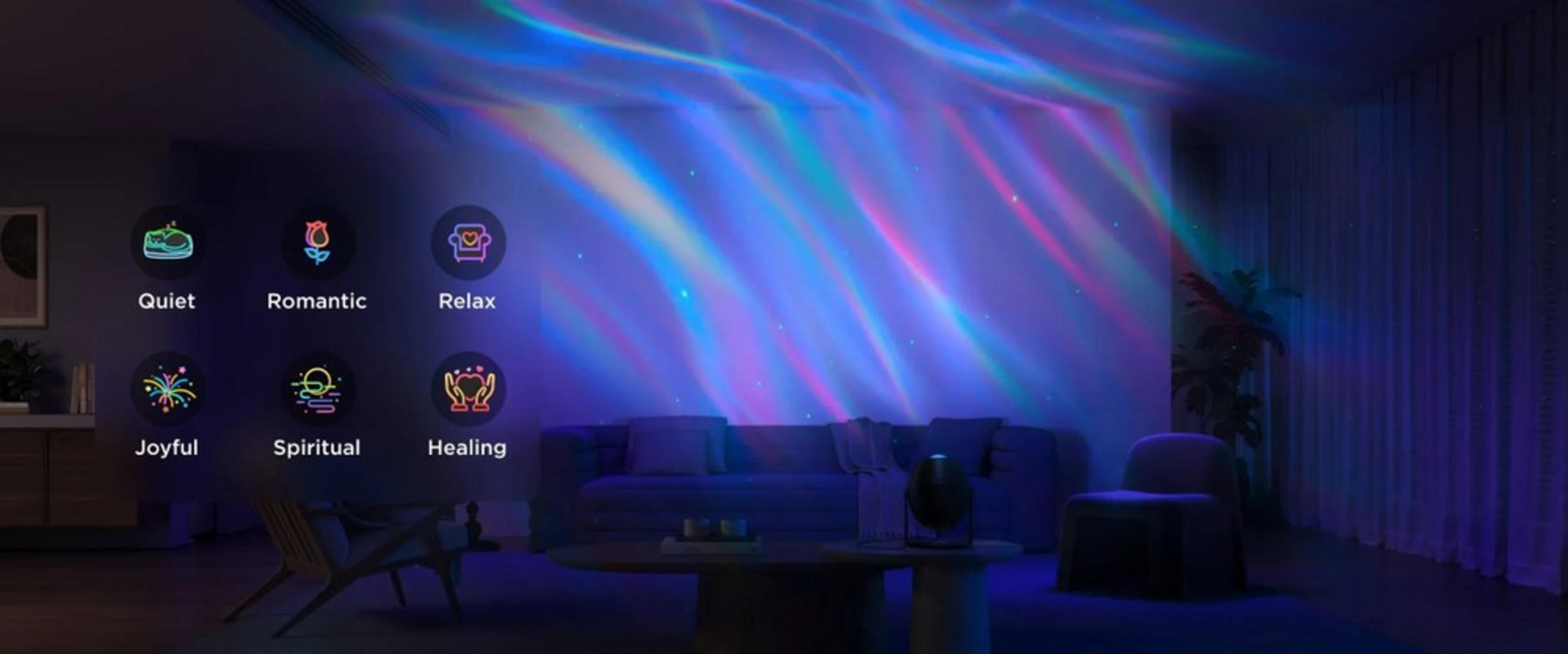Een kamer met projectie van het noorderlicht op het plafond. Er worden pictogrammen voor verschillende modi getoond. Er is een bank en een stoel in de kamer.